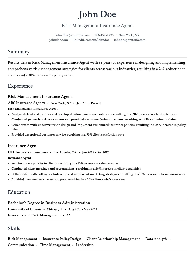 Risk Management Insurance Agent resume example