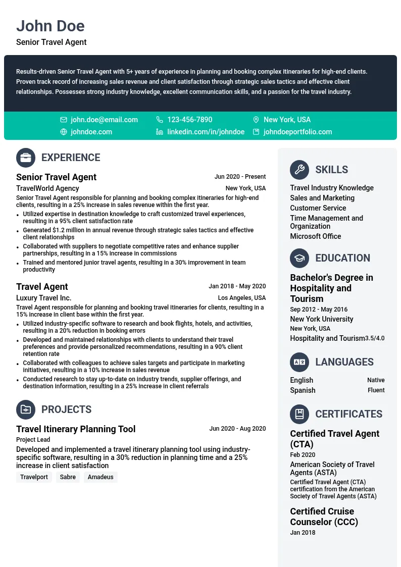  Senior Travel Agent resume example