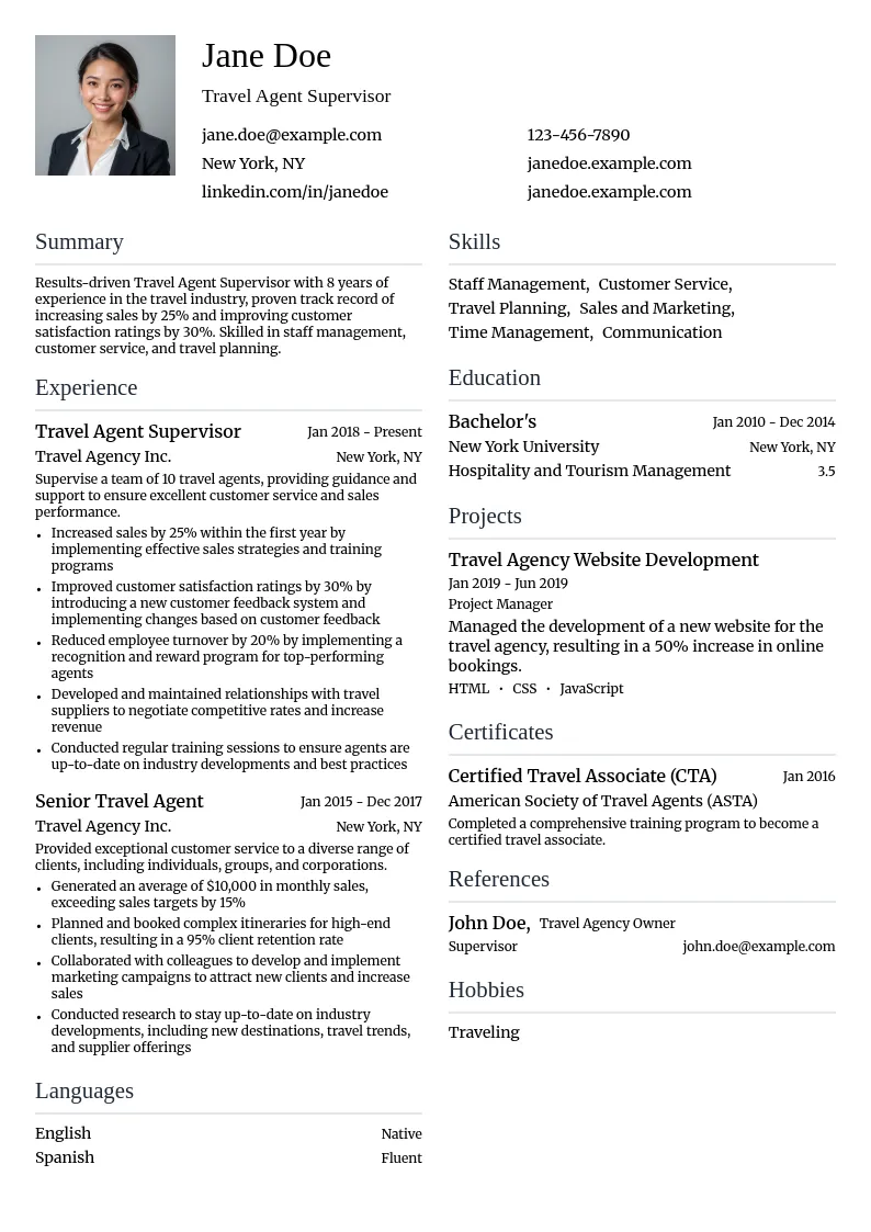 Travel Agent Supervisor resume example