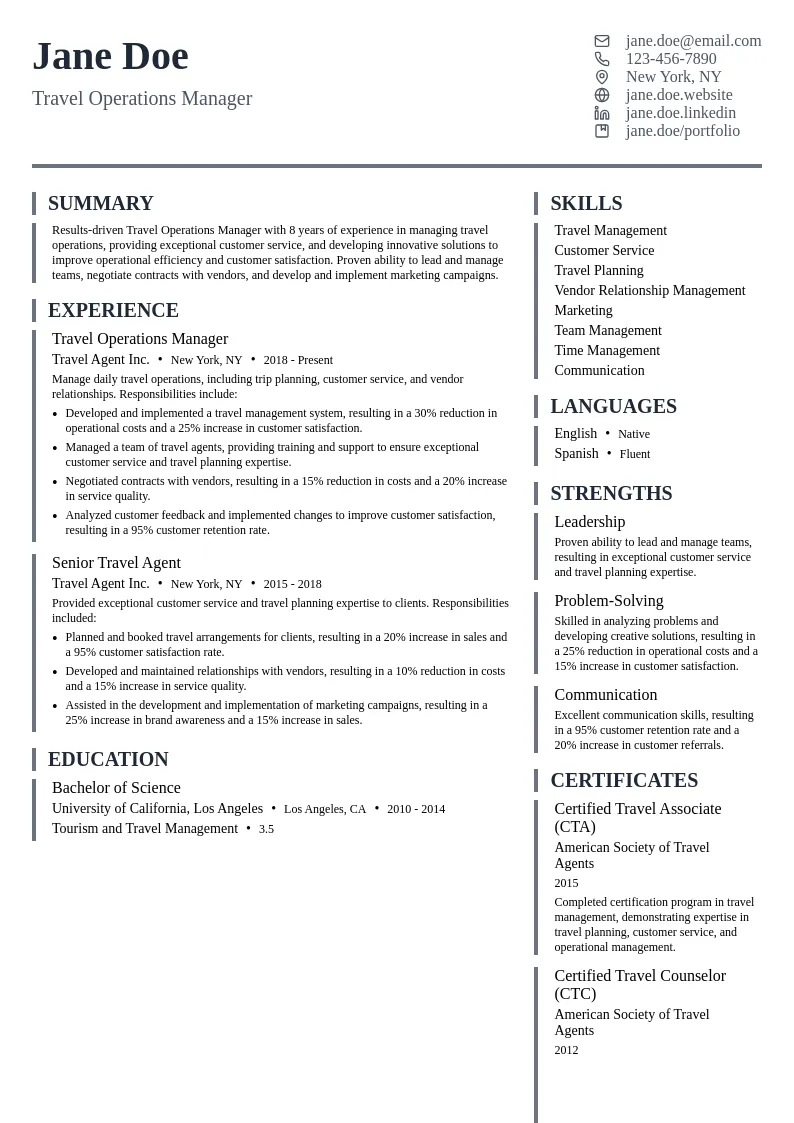 Travel Operations Manager resume example