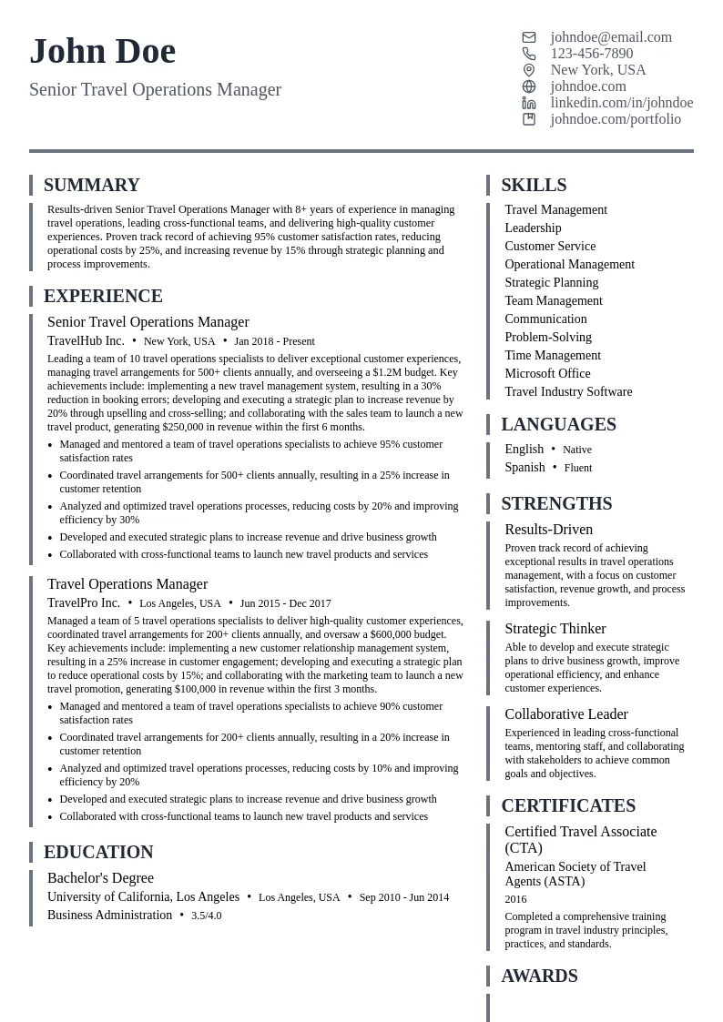 Senior Travel Operations Manager resume example