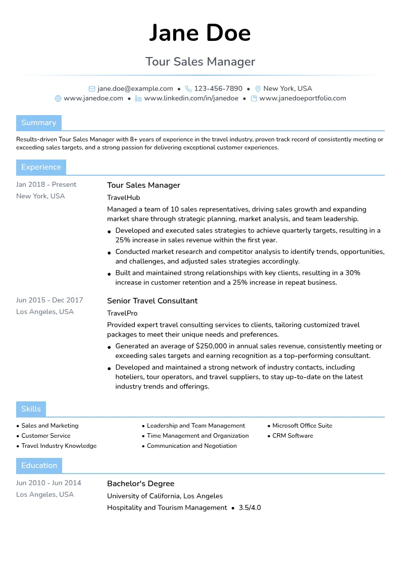 Tour Sales Manager resume example
