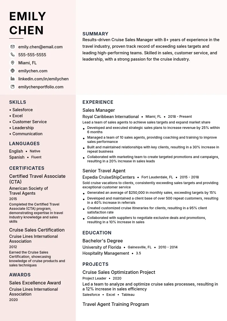 Cruise Sales Manager resume example