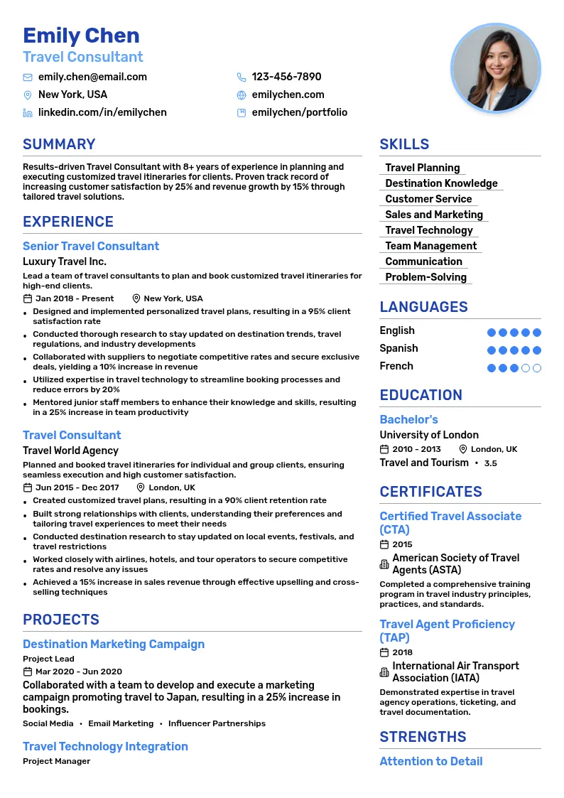 Travel Consultant resume example