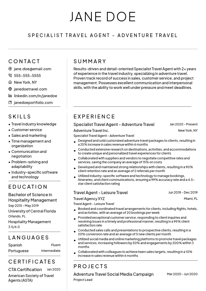 Specialist Travel Agent - Adventure Travel resume example