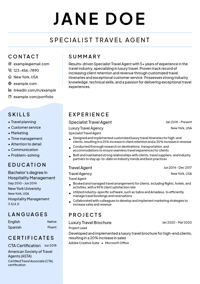 Specialist Travel Agent - Luxury Travel resume example