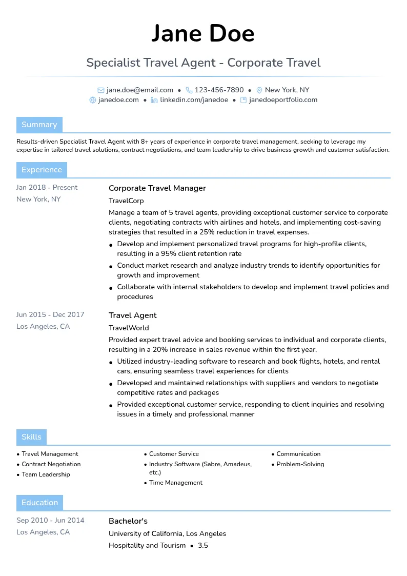 Specialist Travel Agent - Corporate Travel resume example
