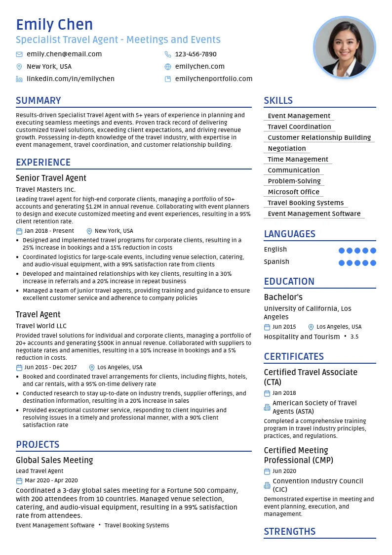 Specialist Travel Agent - Meetings and Events resume example