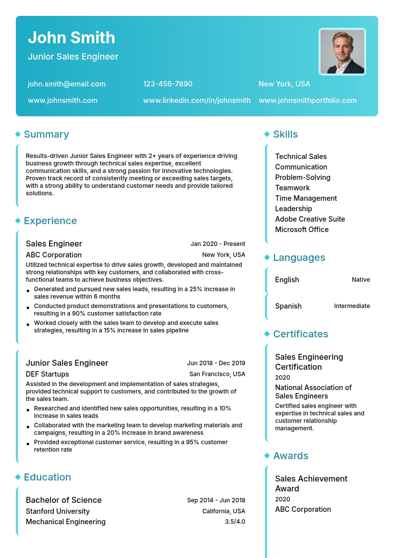 Junior Sales Engineer resume example