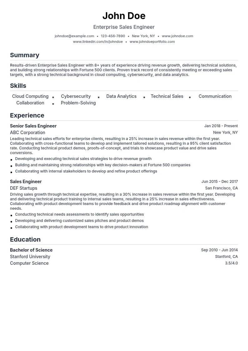 Enterprise Sales Engineer resume example