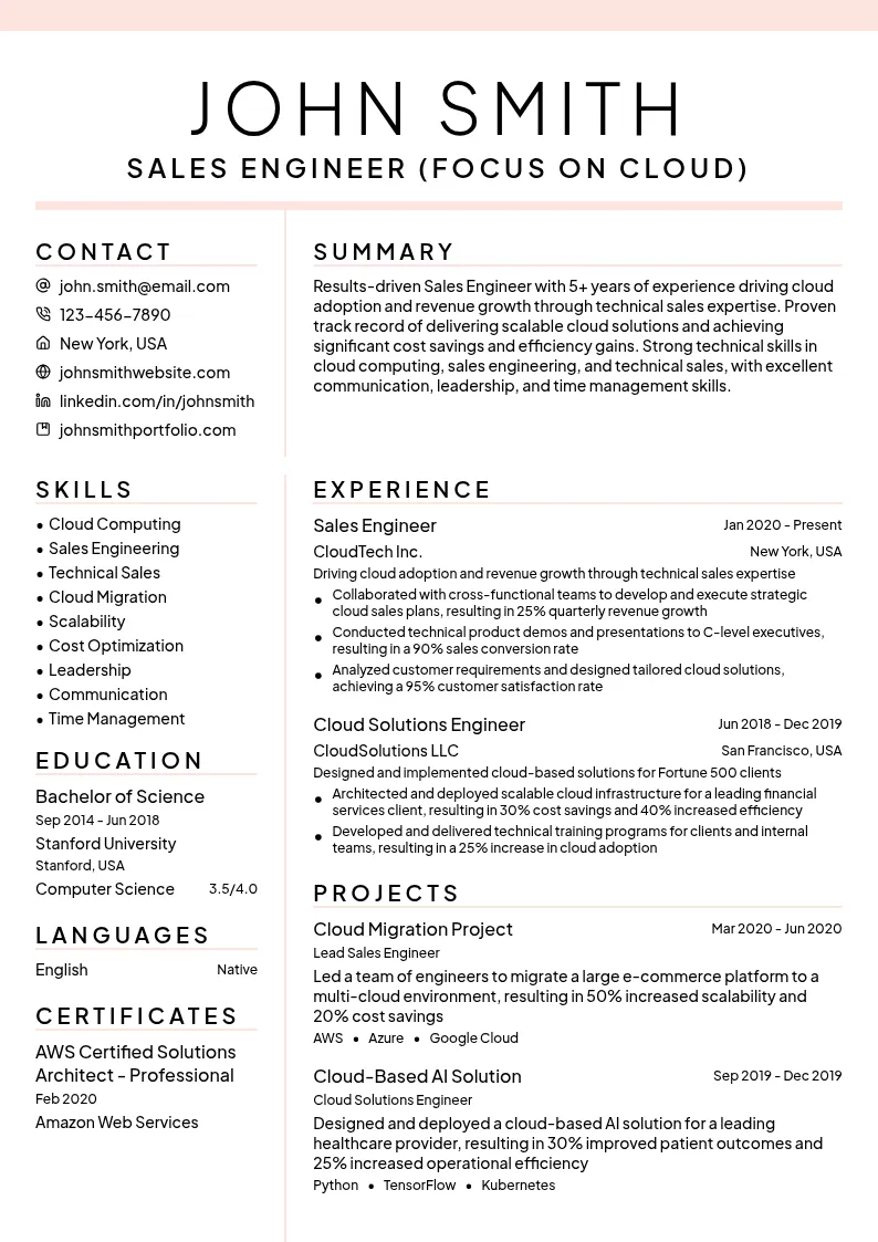 Sales Engineer (Focus on Cloud) resume example