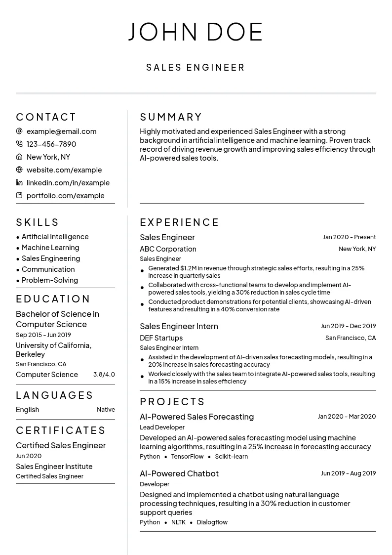 Sales Engineer (Focus on Artificial Intelligence) resume example