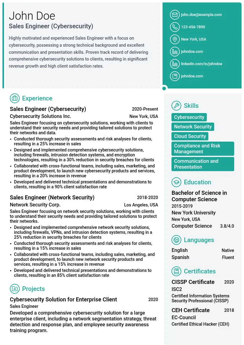 Sales Engineer (Focus on Cybersecurity) resume example