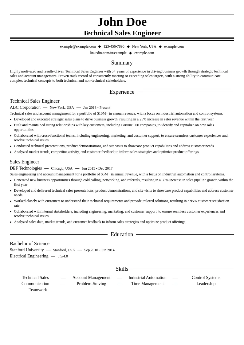Technical Sales Engineer resume example