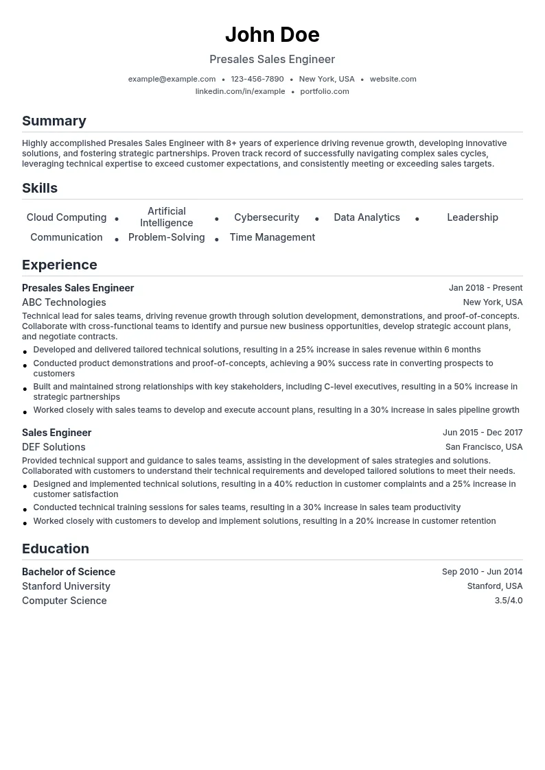 Presales Sales Engineer resume example