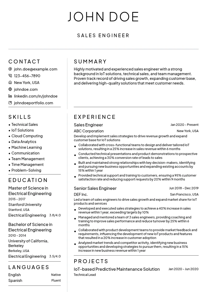 Sales Engineer (Focus on IoT) resume example