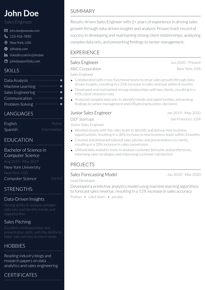 Sales Engineer (Focus on Data Analytics) resume example