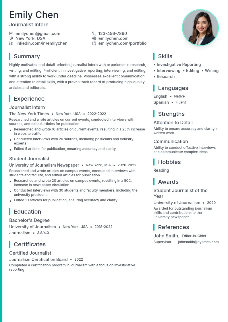 Journalist Intern resume example
