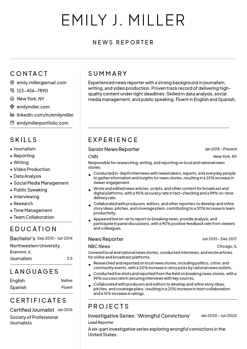 News Reporter resume example