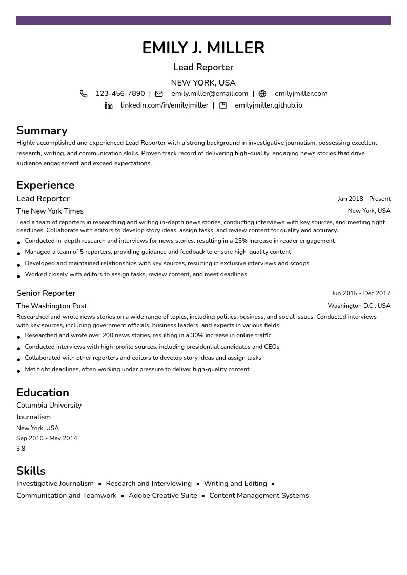 Lead Reporter resume example
