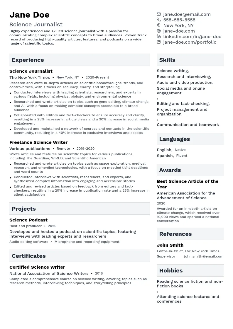 Science Journalist resume example