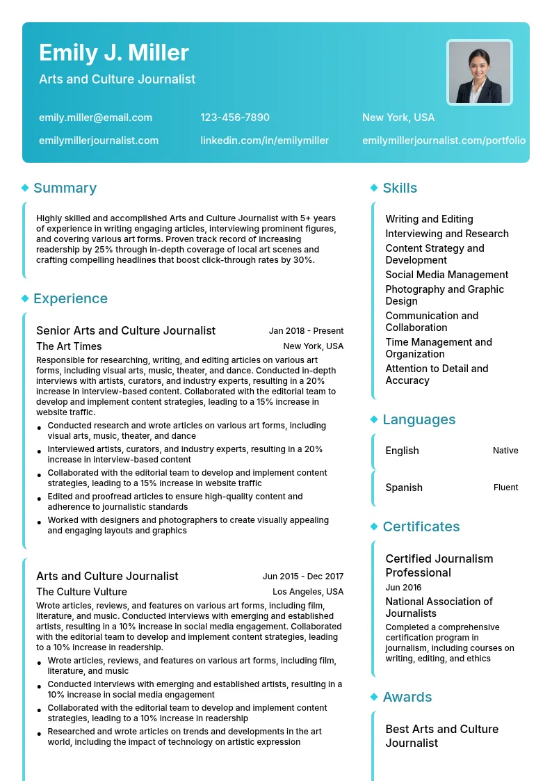 Arts and Culture Journalist resume example
