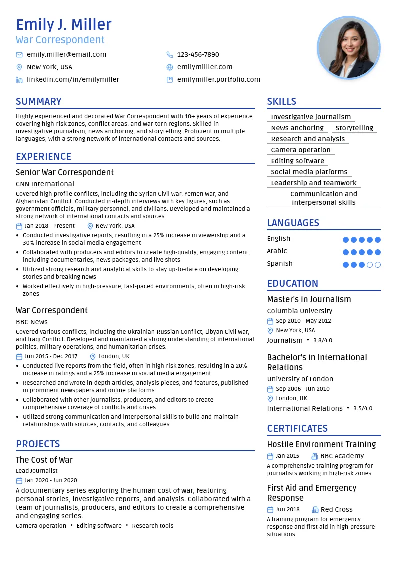 War Correspondent resume example