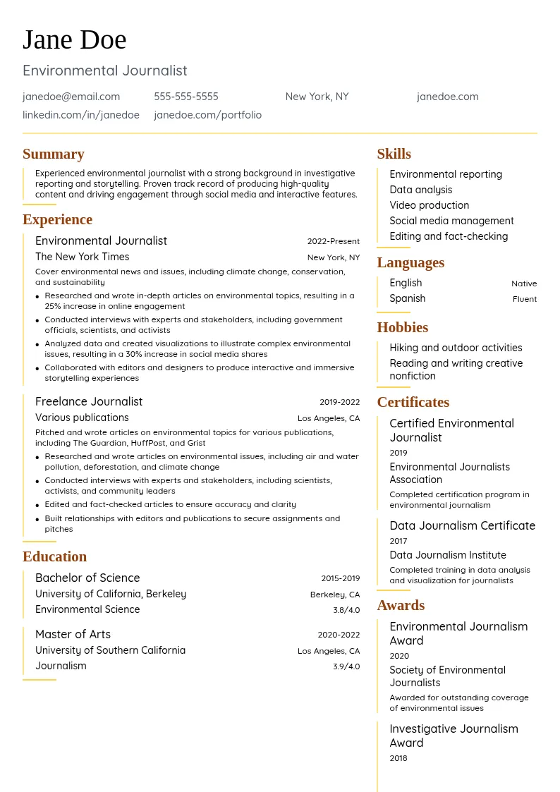 Environmental Journalist resume example