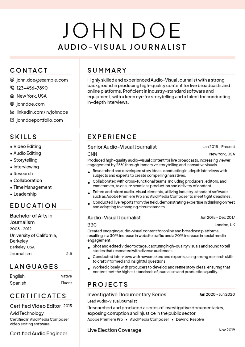 Audio-Visual Journalist resume example
