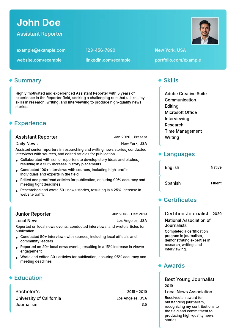 Assistant Reporter resume example