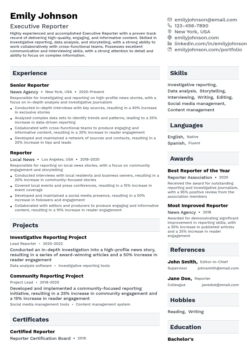 Executive Reporter resume example