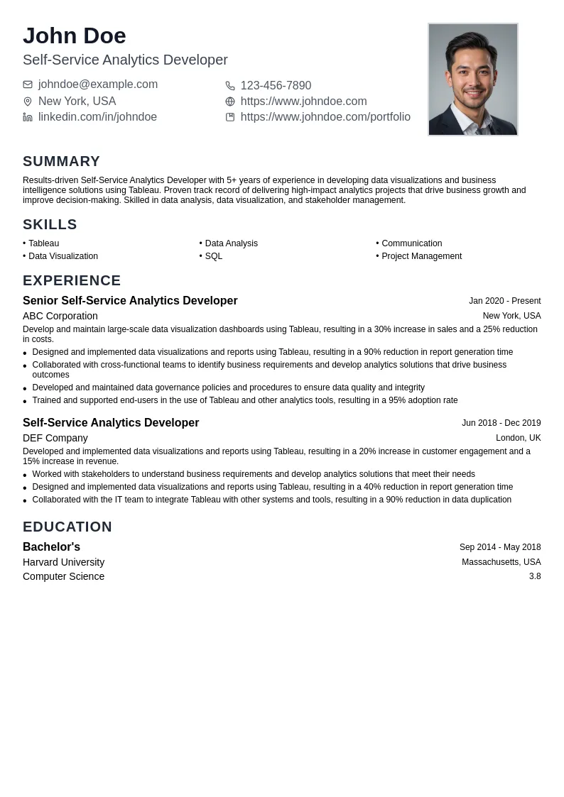 Self-Service Analytics Developer with Tableau resume example