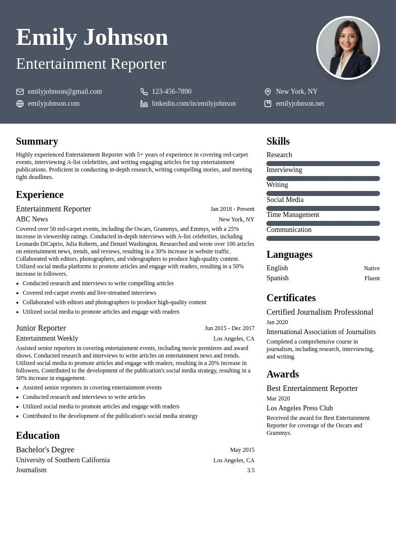 Entertainment Reporter resume example