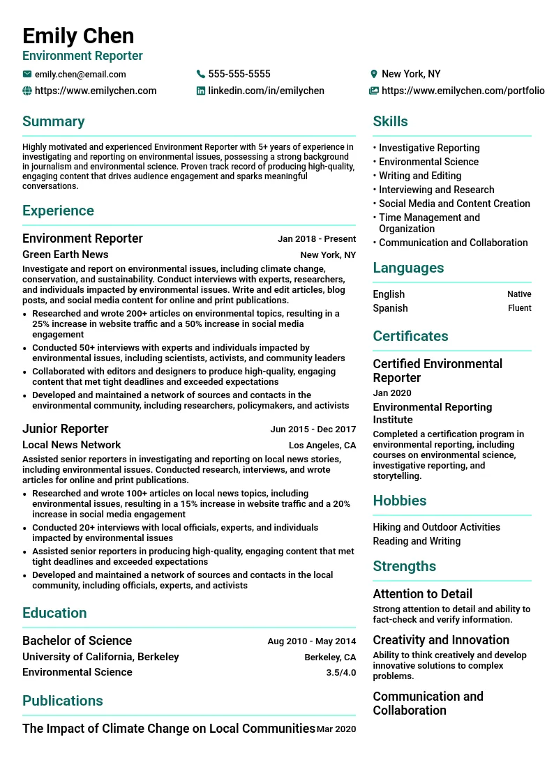 Environment Reporter resume example