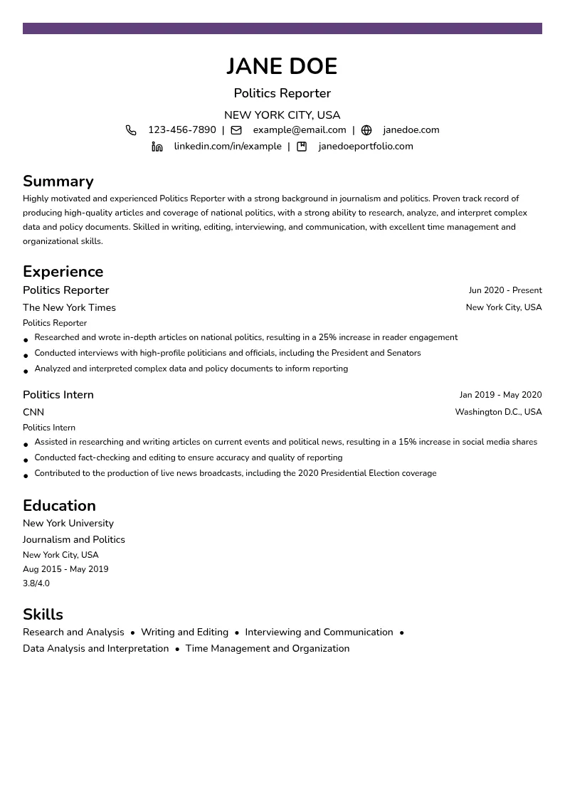 Politics Reporter resume example
