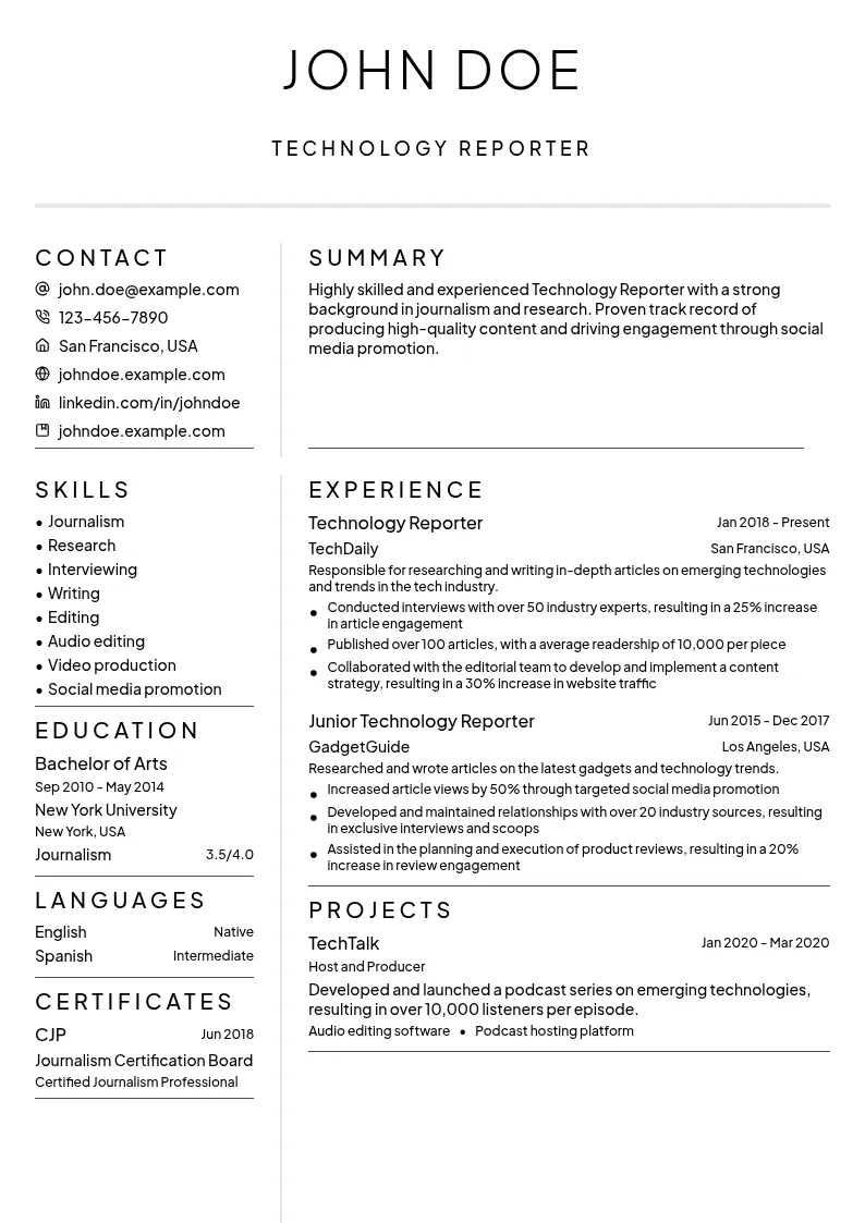 Technology Reporter resume example
