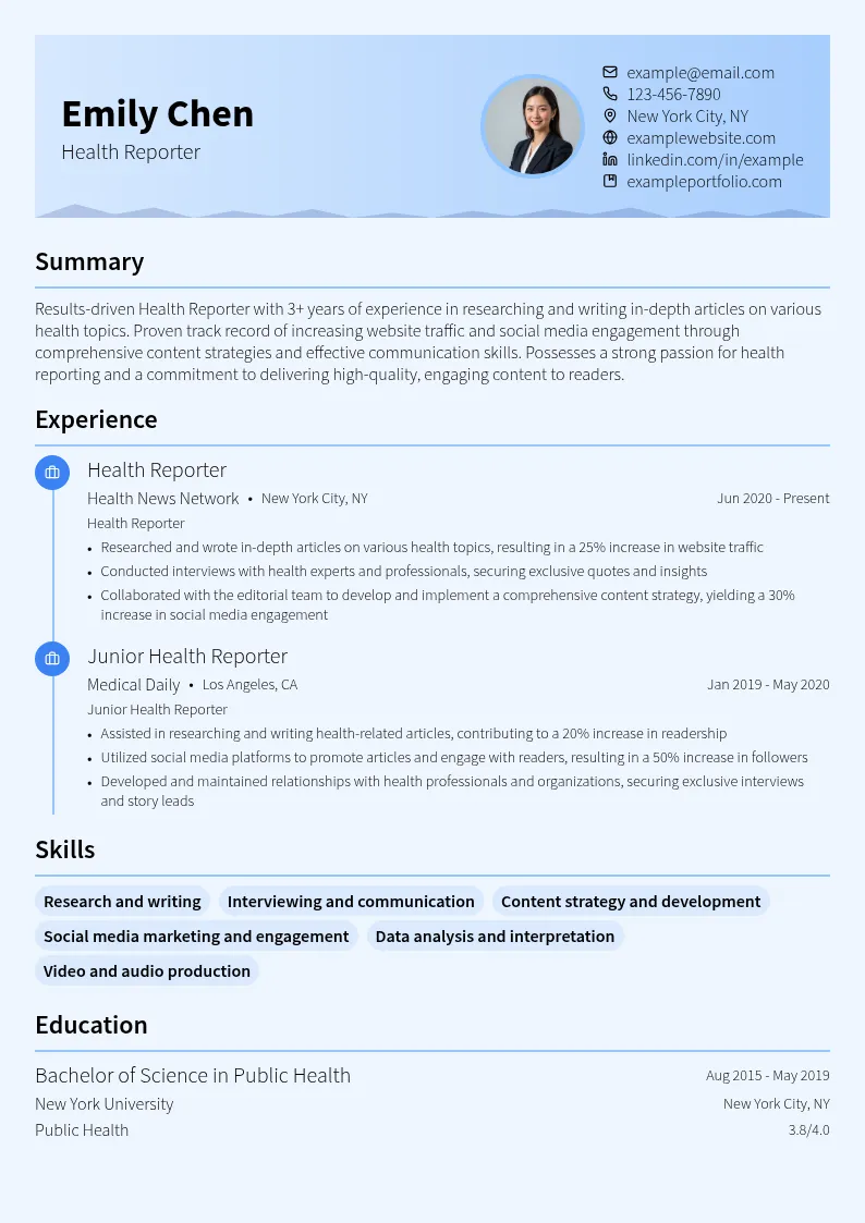 Health Reporter resume example