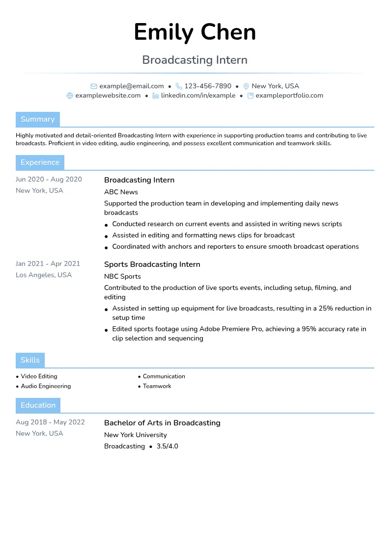 Broadcasting Intern resume example