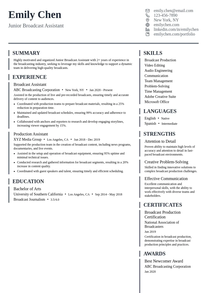 Junior Broadcast Assistant resume example