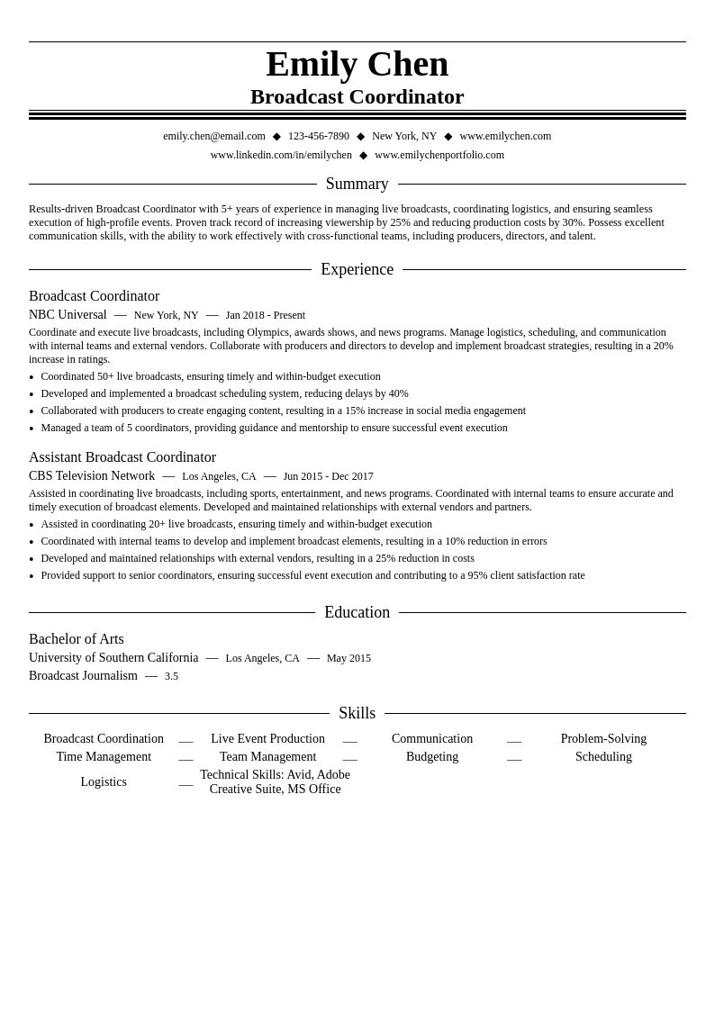 Broadcast Coordinator resume example