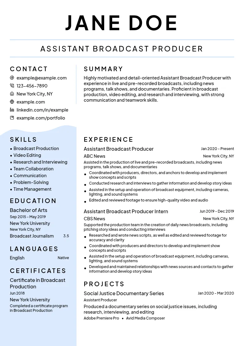Assistant Broadcast Producer resume example