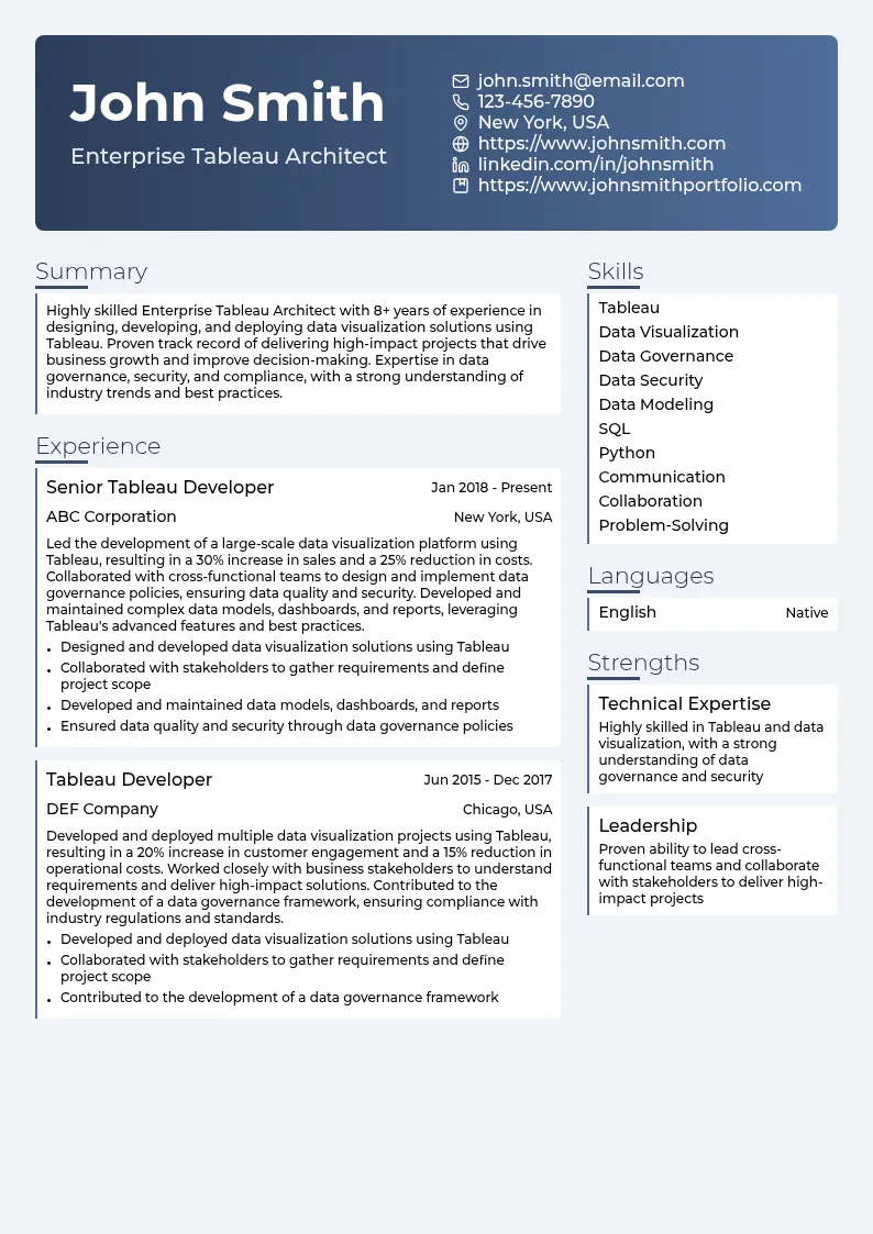 Enterprise Tableau Architect resume example