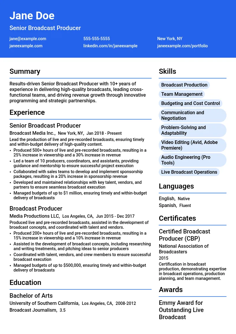 Senior Broadcast Producer resume example