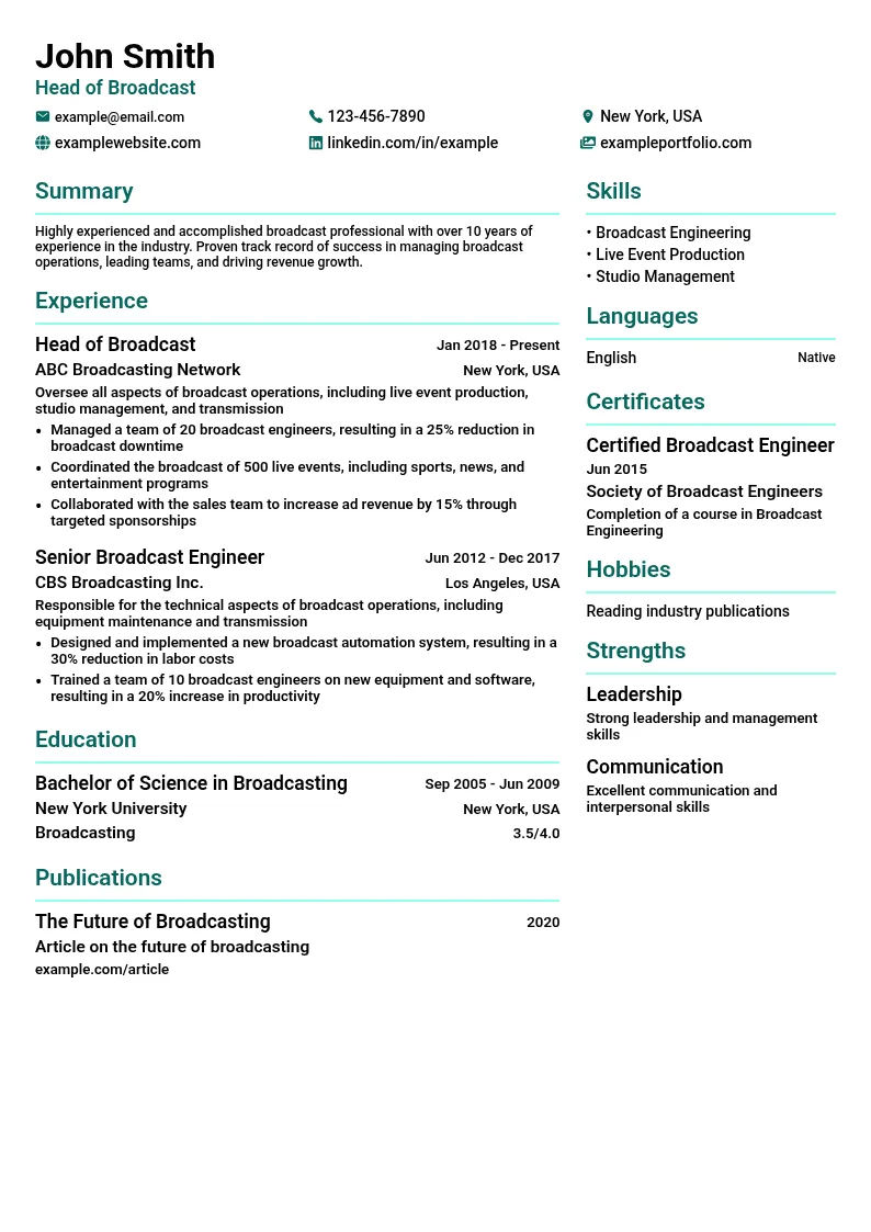 Head of Broadcast resume example