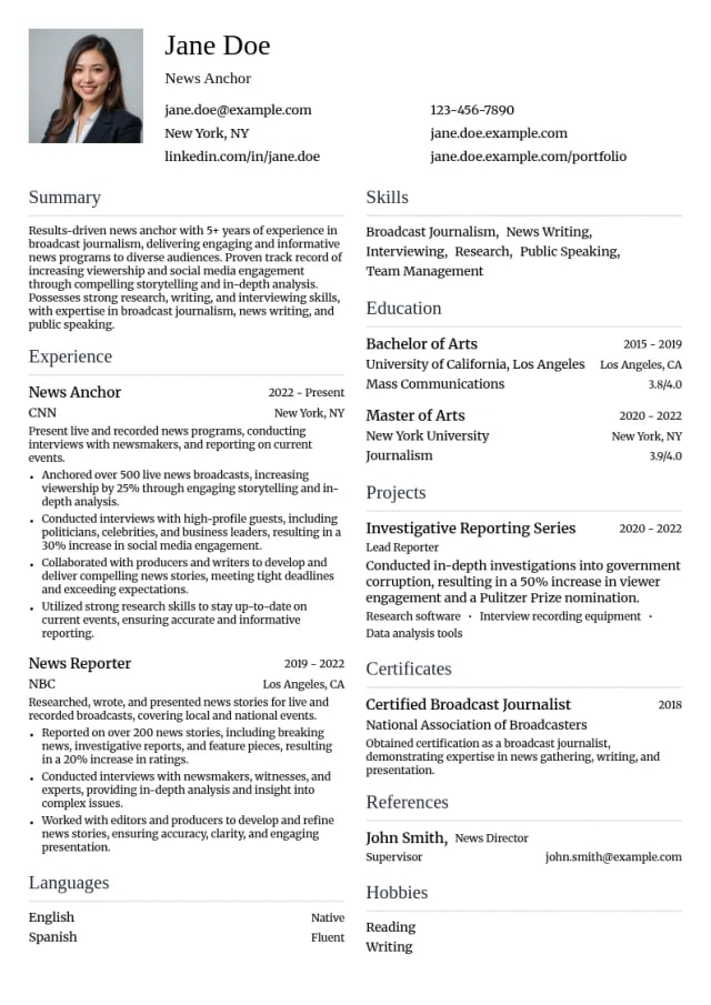 News Anchor resume example
