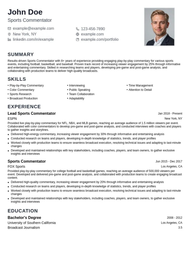 Sports Commentator resume example