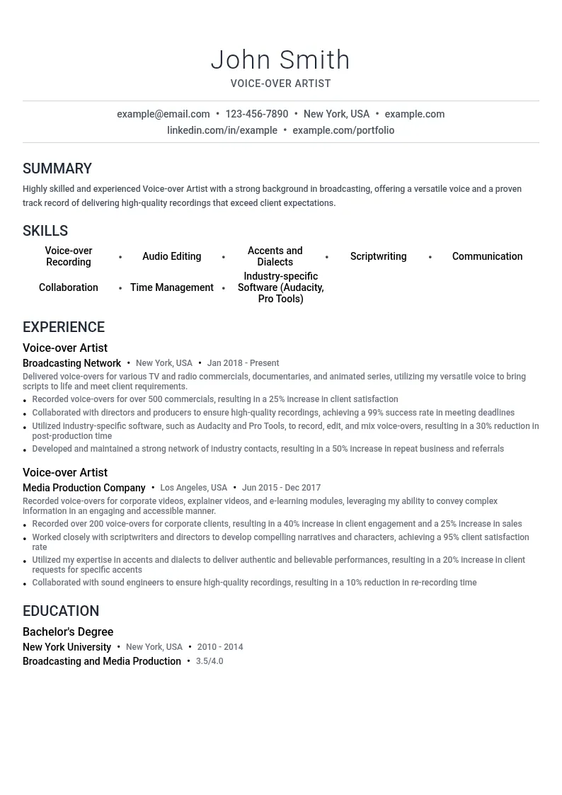 Voice-over Artist resume example