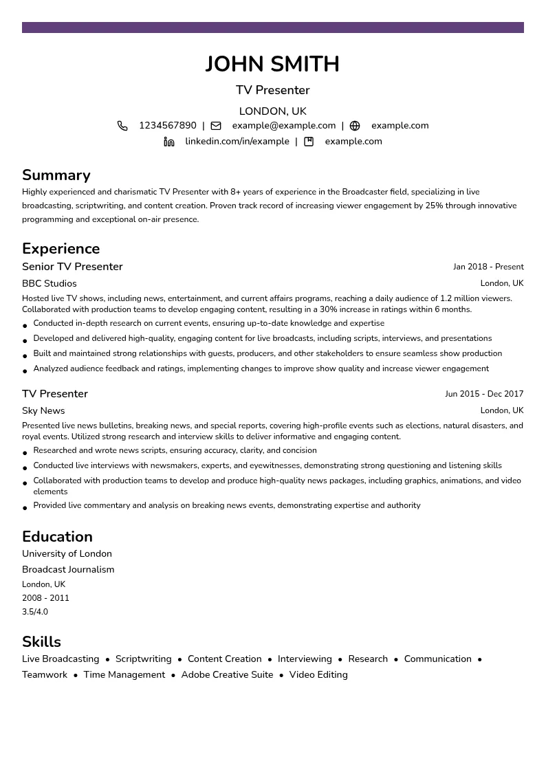 TV Presenter resume example