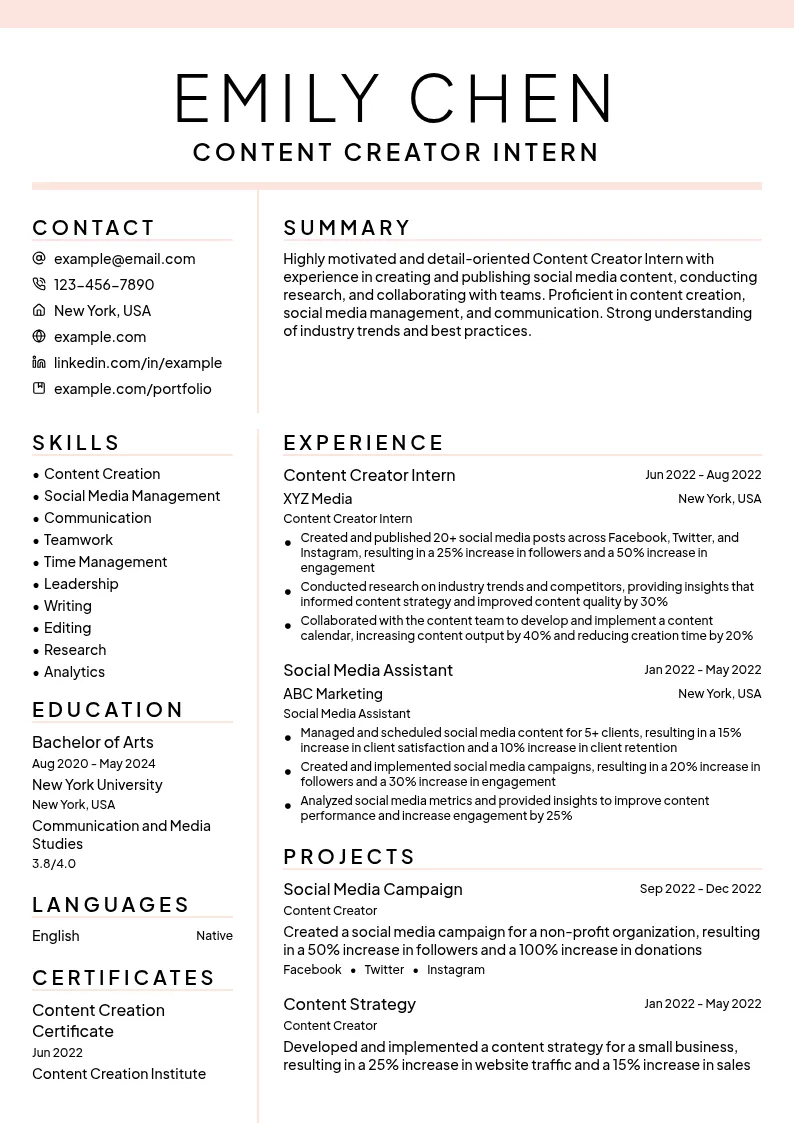 Content Creator Intern resume example
