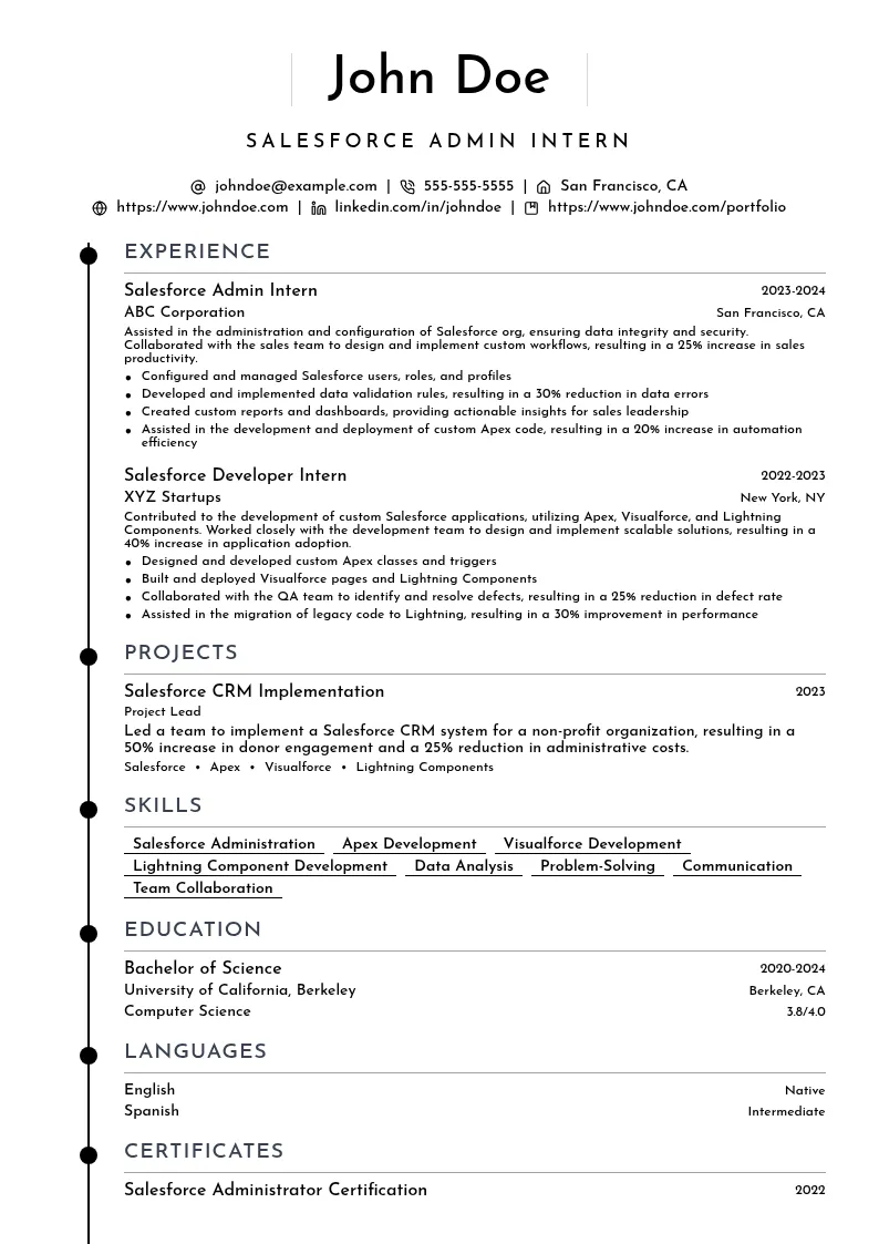 Salesforce Admin Intern resume example